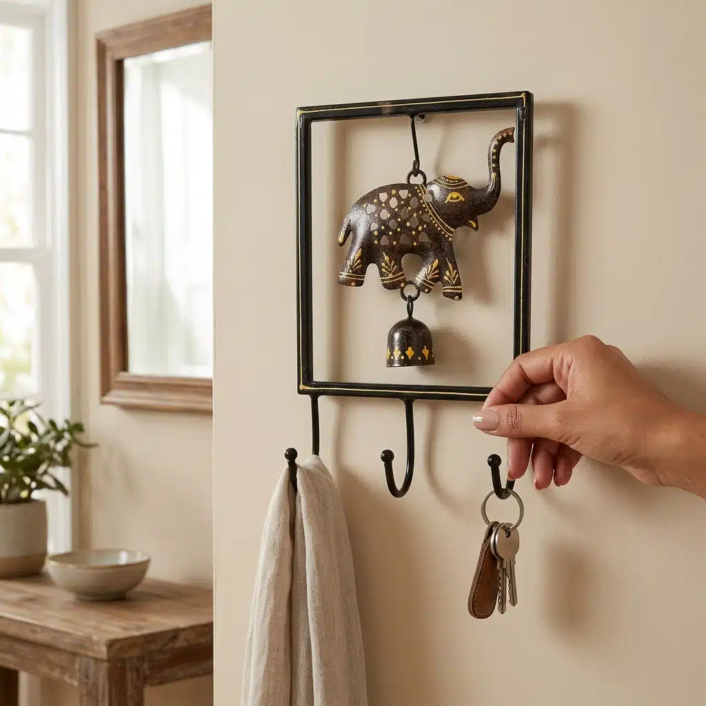 Vedas Shubh Gajraj Key Holder with Bell | Handcrafted Elephant Wall Mounted Key Rack with 3 Hooks | Decorative Metal Key Organizer for Entryway, Living Room & Home Décor