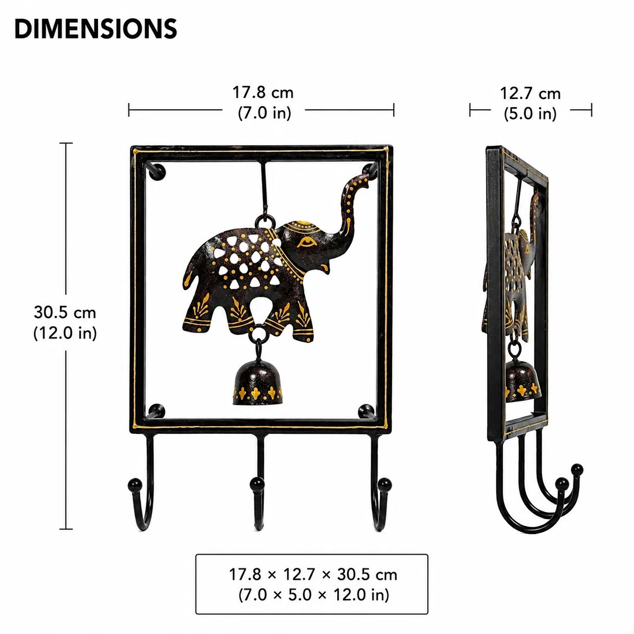 Vedas Shubh Gajraj Key Holder with Bell | Handcrafted Elephant Wall Mounted Key Rack with 3 Hooks | Decorative Metal Key Organizer for Entryway, Living Room & Home Décor - Image 4