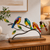 Vedas Metal & Wood Twilight Songbirds Table Decor Showpiece | Multicolor Birds on Branch Sculpture with Wooden Base | Decorative Handcrafted Tabletop Accent for Living Room, Office Desk, Shelf & Home Décor