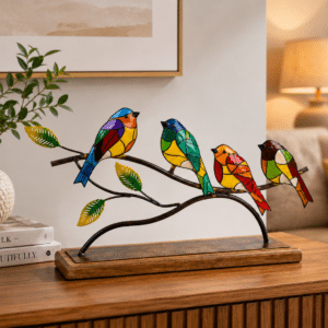 Vedas Metal & Wood Twilight Songbirds Table Decor Showpiece | Multicolor Birds on Branch Sculpture with Wooden Base | Decorative Handcrafted Tabletop Accent for Living Room, Office Desk, Shelf & Home Décor