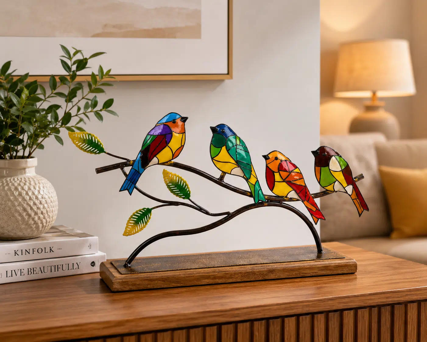 Vedas Metal & Wood Twilight Songbirds Table Decor Showpiece | Multicolor Birds on Branch Sculpture with Wooden Base | Decorative Handcrafted Tabletop Accent for Living Room, Office Desk, Shelf & Home Décor