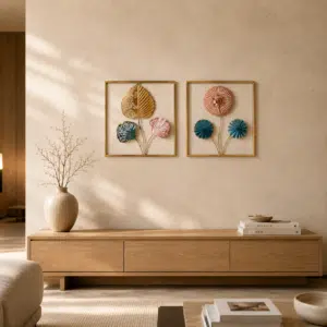 Floral metal wall decor set of 2 with gold botanical frame design