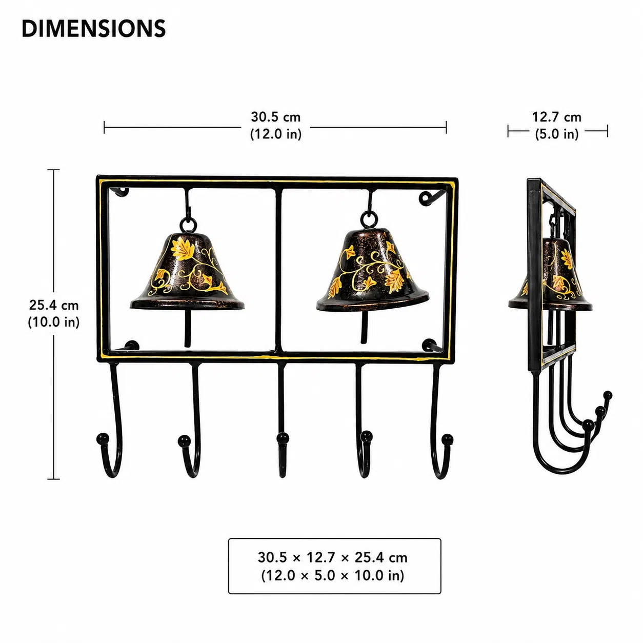 Bell Key Holder - Two Ghanti Metal Wall Rack with 5 Hooks - Image 5