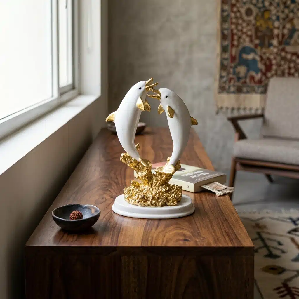 Luxury Golden Dolphin Couple Showpiece for Home Décor | Premium Resin Dolphin Figurine - Image 3