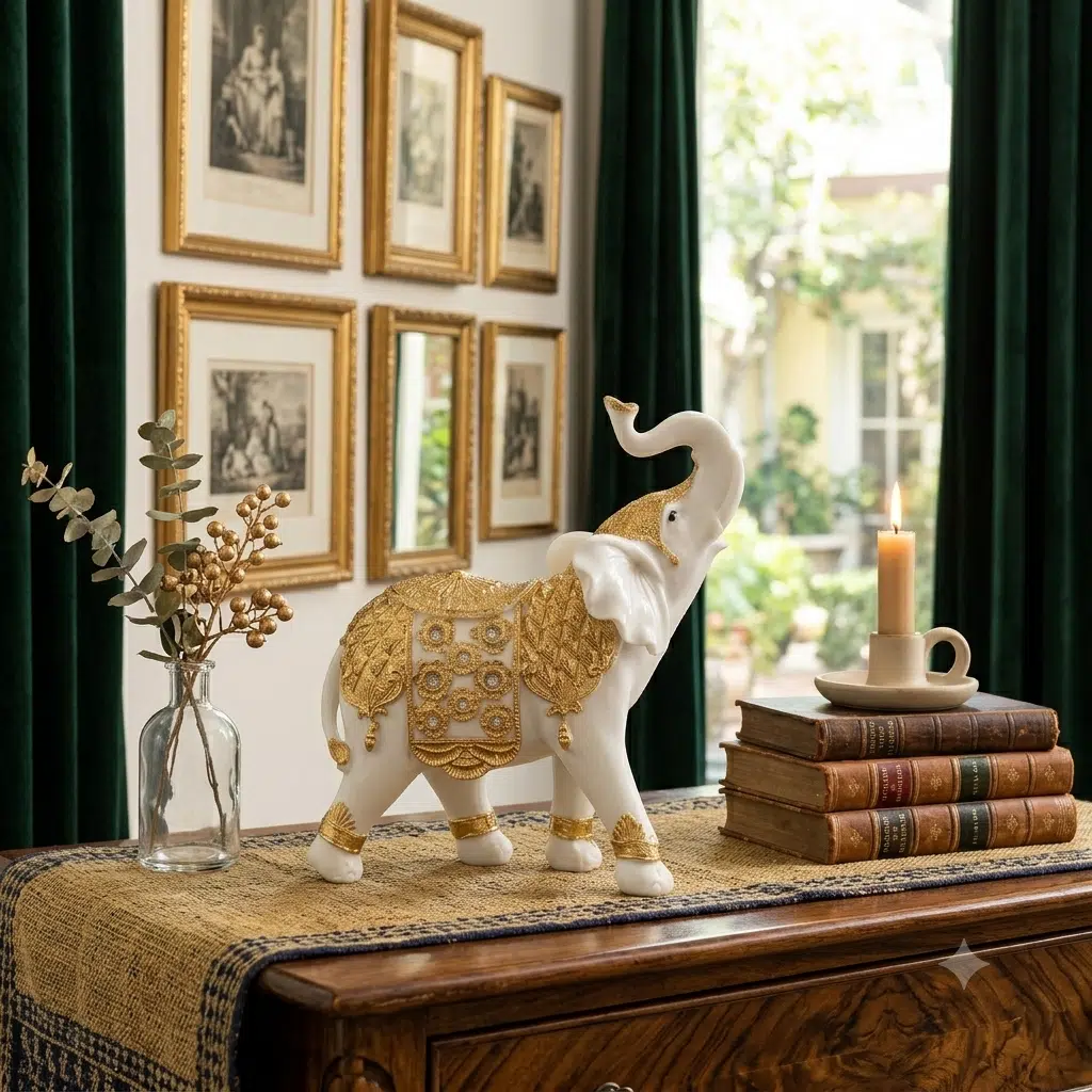 Golden Heritage Elephant Showpiece Gold & White | Premium Resin Elephant Decor - Image 2