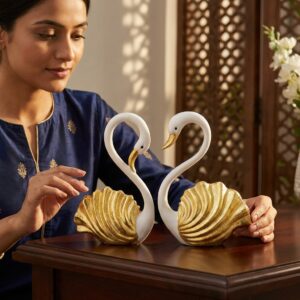 Golden Shell Swan Pair Showpiece Gold White Premium Resin Home Decor