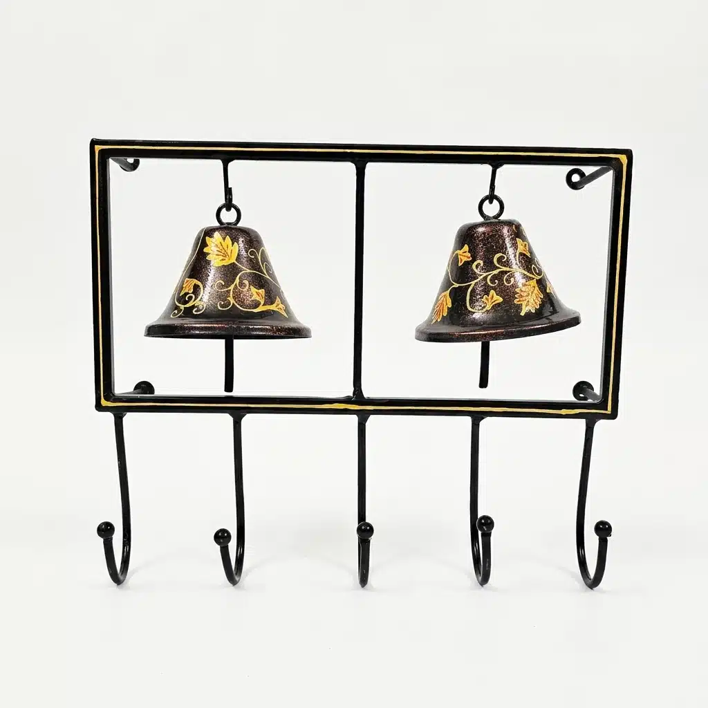 Bell Key Holder - Two Ghanti Metal Wall Rack with 5 Hooks - Image 4