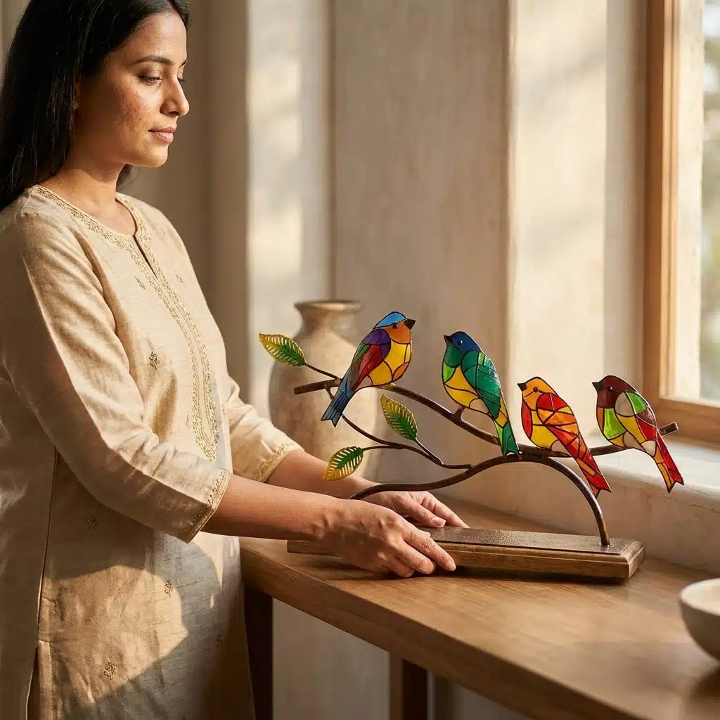Vedas Metal & Wood Twilight Songbirds Table Decor Showpiece | Multicolor Birds on Branch Sculpture with Wooden Base | Decorative Handcrafted Tabletop Accent for Living Room, Office Desk, Shelf & Home Décor - Image 4