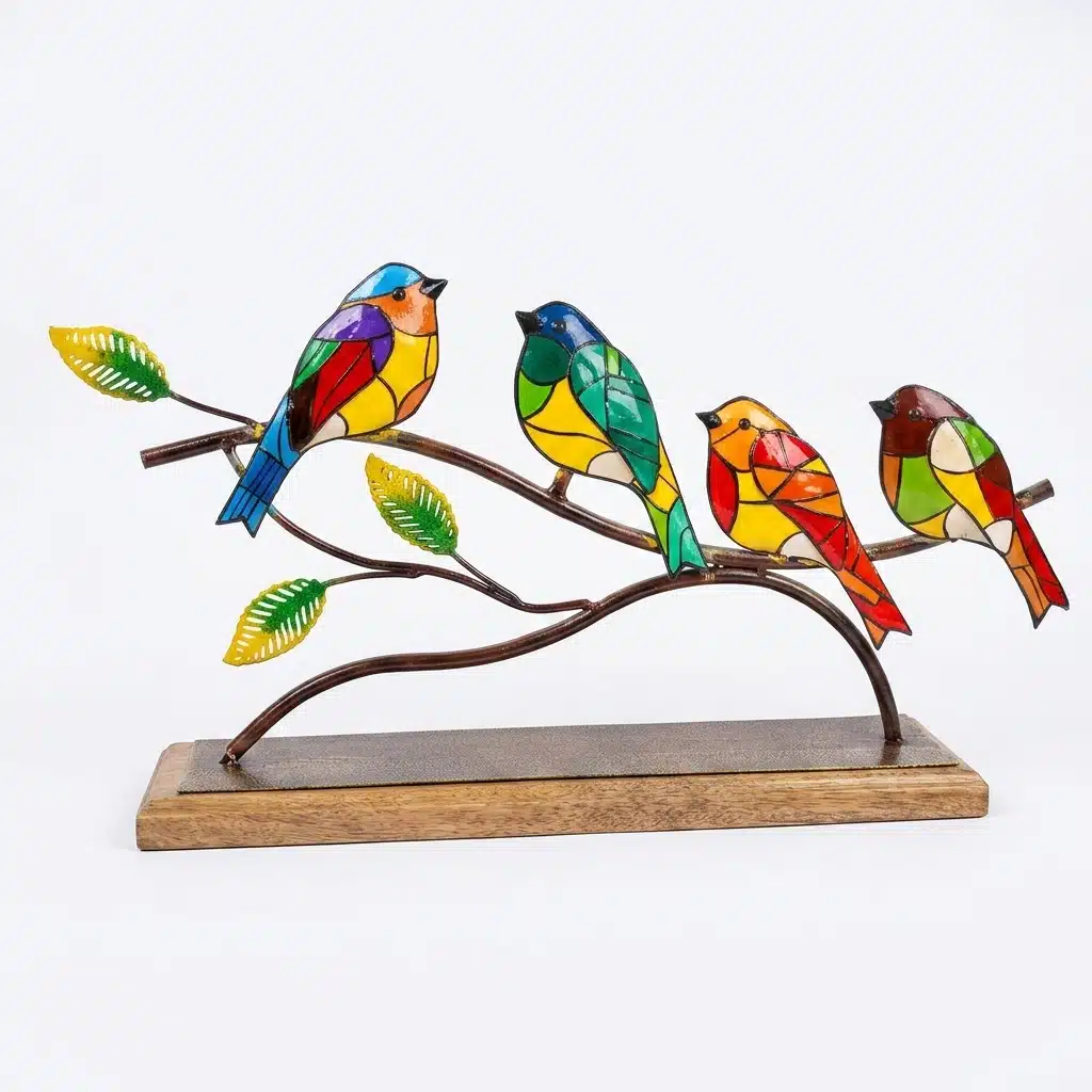 Vedas Metal & Wood Twilight Songbirds Table Decor Showpiece | Multicolor Birds on Branch Sculpture with Wooden Base | Decorative Handcrafted Tabletop Accent for Living Room, Office Desk, Shelf & Home Décor - Image 5
