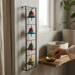 Vedas Four Raaga Bells Handcrafted Multicolor Hanging Bell Wall Decor | Decorative Metal Bell Wall Hanging for Home, Temple & Entrance | Traditional Hand-Painted Wall Art for Living Room, Balcony & Patio