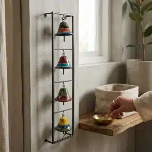 Vedas Four Raaga Bells Handcrafted Multicolor Hanging Bell Wall Decor | Decorative Metal Bell Wall Hanging for Home, Temple & Entrance | Traditional Hand-Painted Wall Art for Living Room, Balcony & Patio