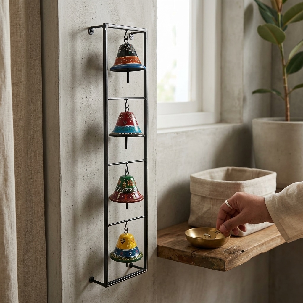 Vedas Four Raaga Bells Handcrafted Multicolor Hanging Bell Wall Decor | Decorative Metal Bell Wall Hanging for Home, Temple & Entrance | Traditional Hand-Painted Wall Art for Living Room, Balcony & Patio
