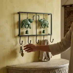Vedas Handcrafted Elephant Key Holder with Bells | Decorative Metal Wall Mounted Key Rack with 5 Hooks | Traditional Elephant Wall Decor for Entryway, Living Room & Home Organization