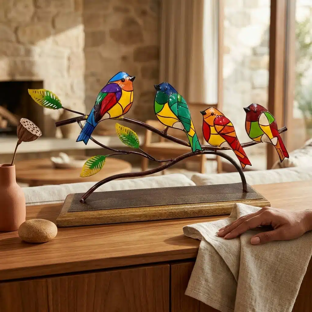Vedas Metal & Wood Twilight Songbirds Table Decor Showpiece | Multicolor Birds on Branch Sculpture with Wooden Base | Decorative Handcrafted Tabletop Accent for Living Room, Office Desk, Shelf & Home Décor - Image 3