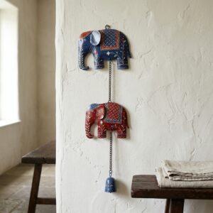 Vedas Handcrafted Two Royal Elephant Wall Hanging with Bell | Decorative Elephant Hanging for Home Décor | Traditional Hand-Painted Wall Accent for Living Room, Balcony, Entrance & Festive Decoration