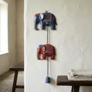 Vedas Handcrafted Two Royal Elephant Wall Hanging with Bell | Decorative Elephant Hanging for Home Décor | Traditional Hand-Painted Wall Accent for Living Room, Balcony, Entrance & Festive Decoration