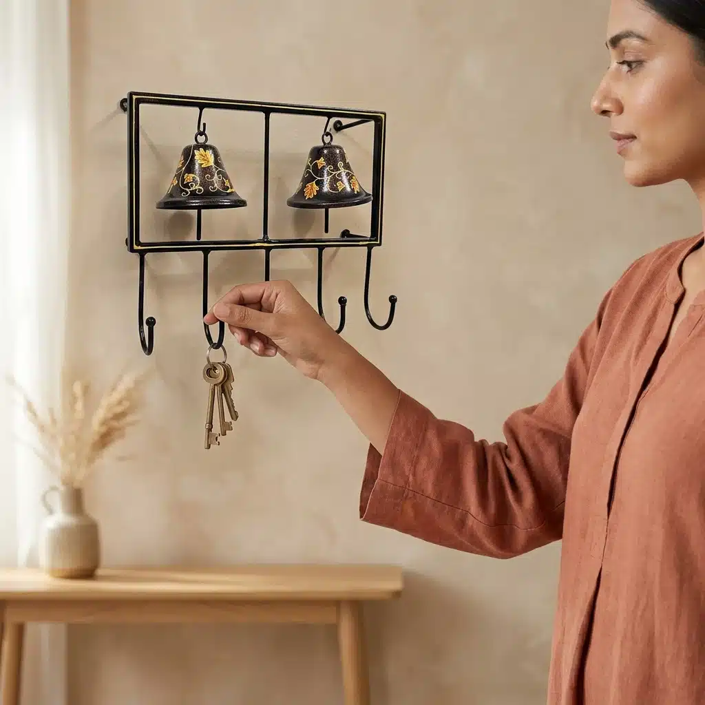Bell Key Holder - Two Ghanti Metal Wall Rack with 5 Hooks - Image 2