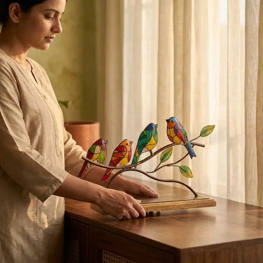 Vedas Metal & Wood Twilight Songbirds Table Decor Showpiece | Multicolor Birds on Branch Sculpture with Wooden Base | Decorative Handcrafted Tabletop Accent for Living Room, Office Desk, Shelf & Home Décor - Image 2