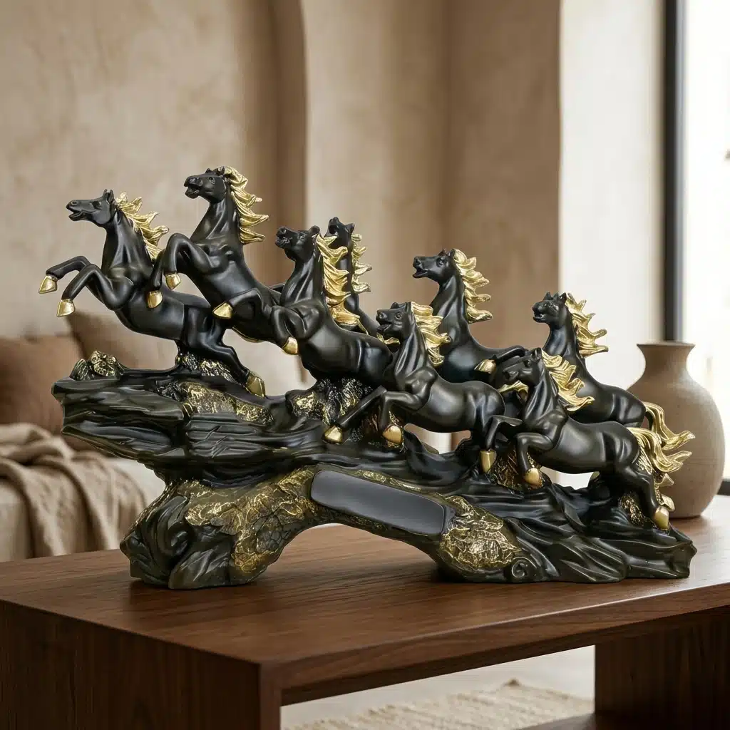 Vedas Seven Royal Gallop Horse Sculpture Décor (Black-Matt) | Premium Resin Horse Showpiece for Home Decoration | Luxury Table Decor for Living Room, Office, Entrance & Gift - Image 2