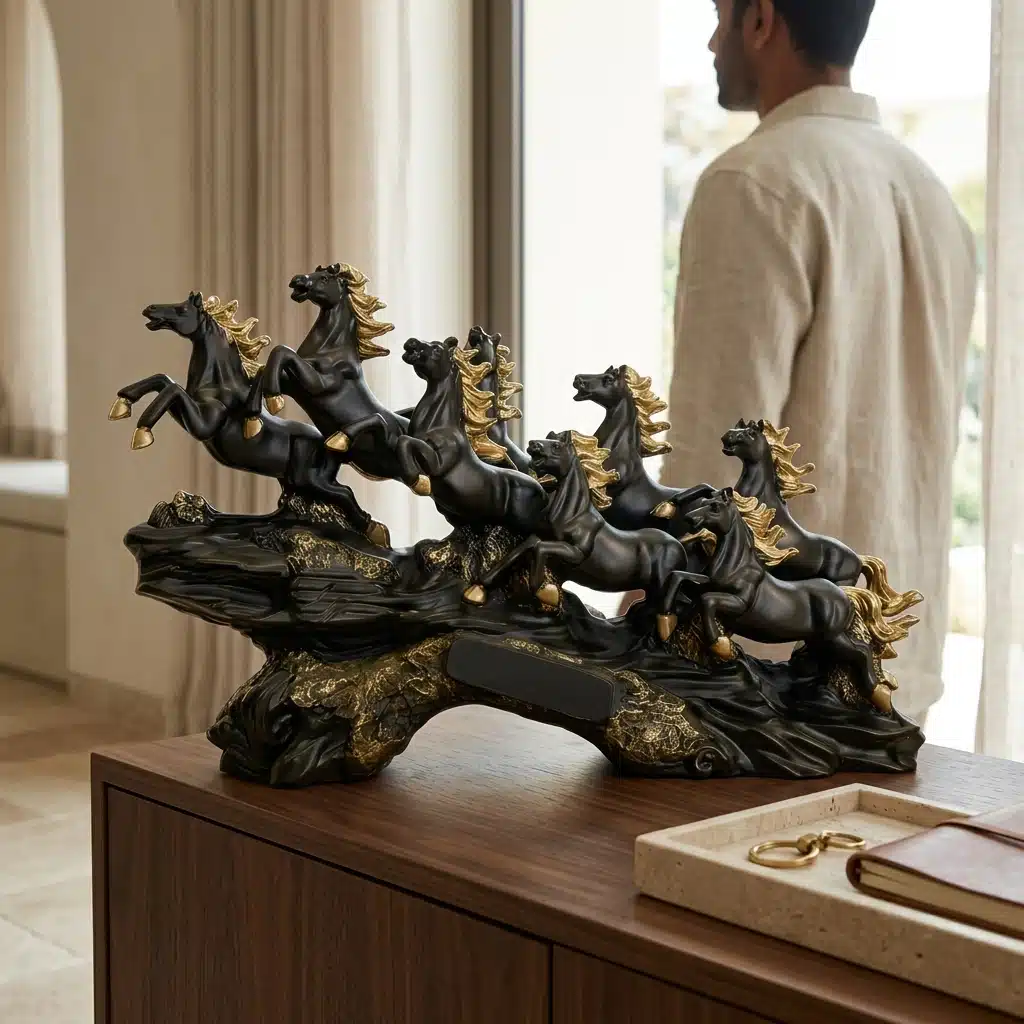 Vedas Seven Royal Gallop Horse Sculpture Décor (Black-Matt) | Premium Resin Horse Showpiece for Home Decoration | Luxury Table Decor for Living Room, Office, Entrance & Gift - Image 4