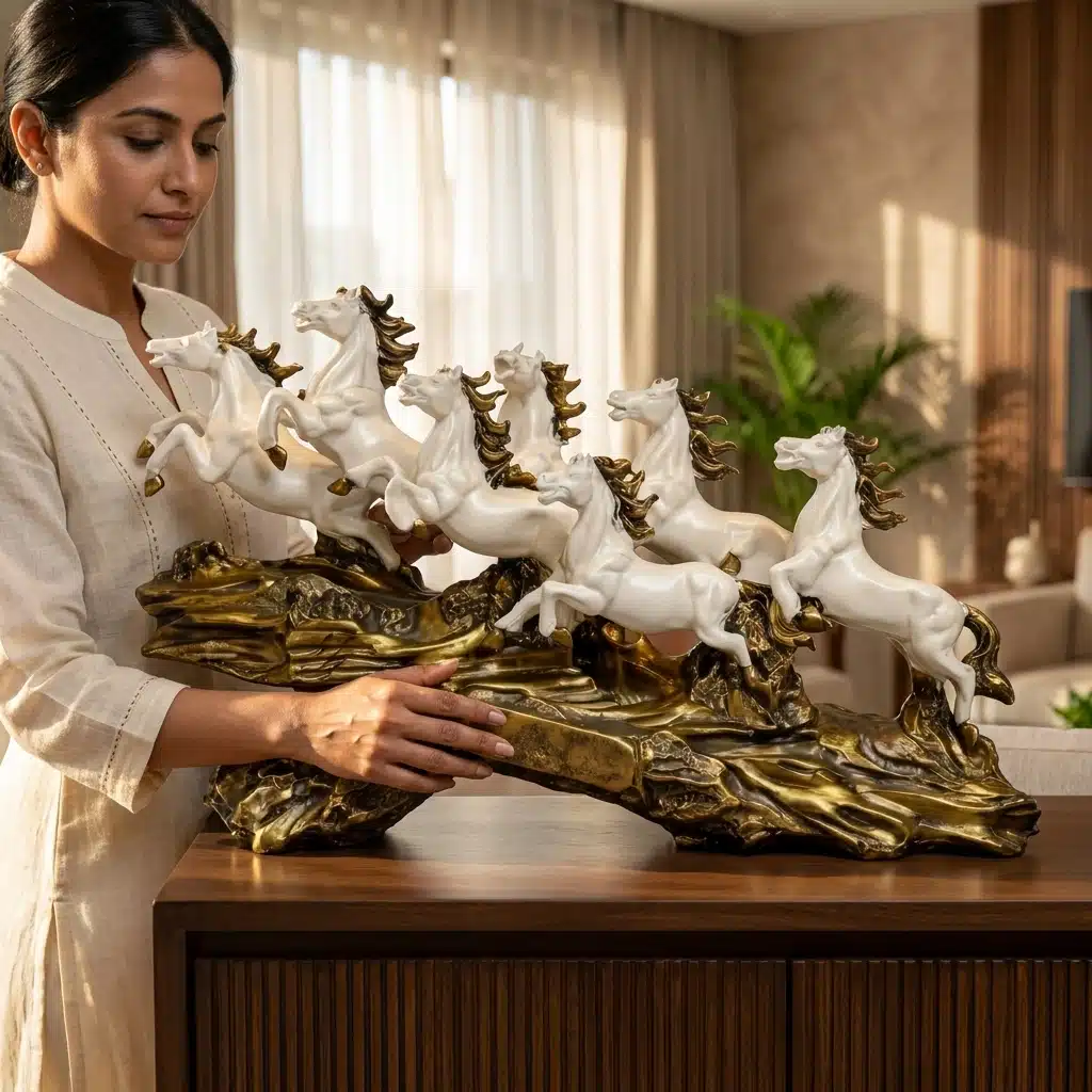 7 Horse Showpiece White - Vedas Royal Gallop Resin Sculpture - Image 4