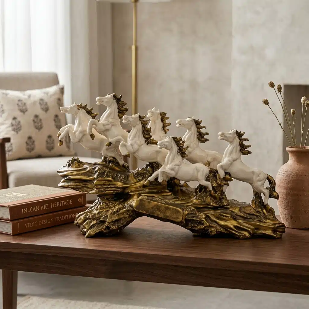 7 Horse Showpiece White - Vedas Royal Gallop Resin Sculpture - Image 3