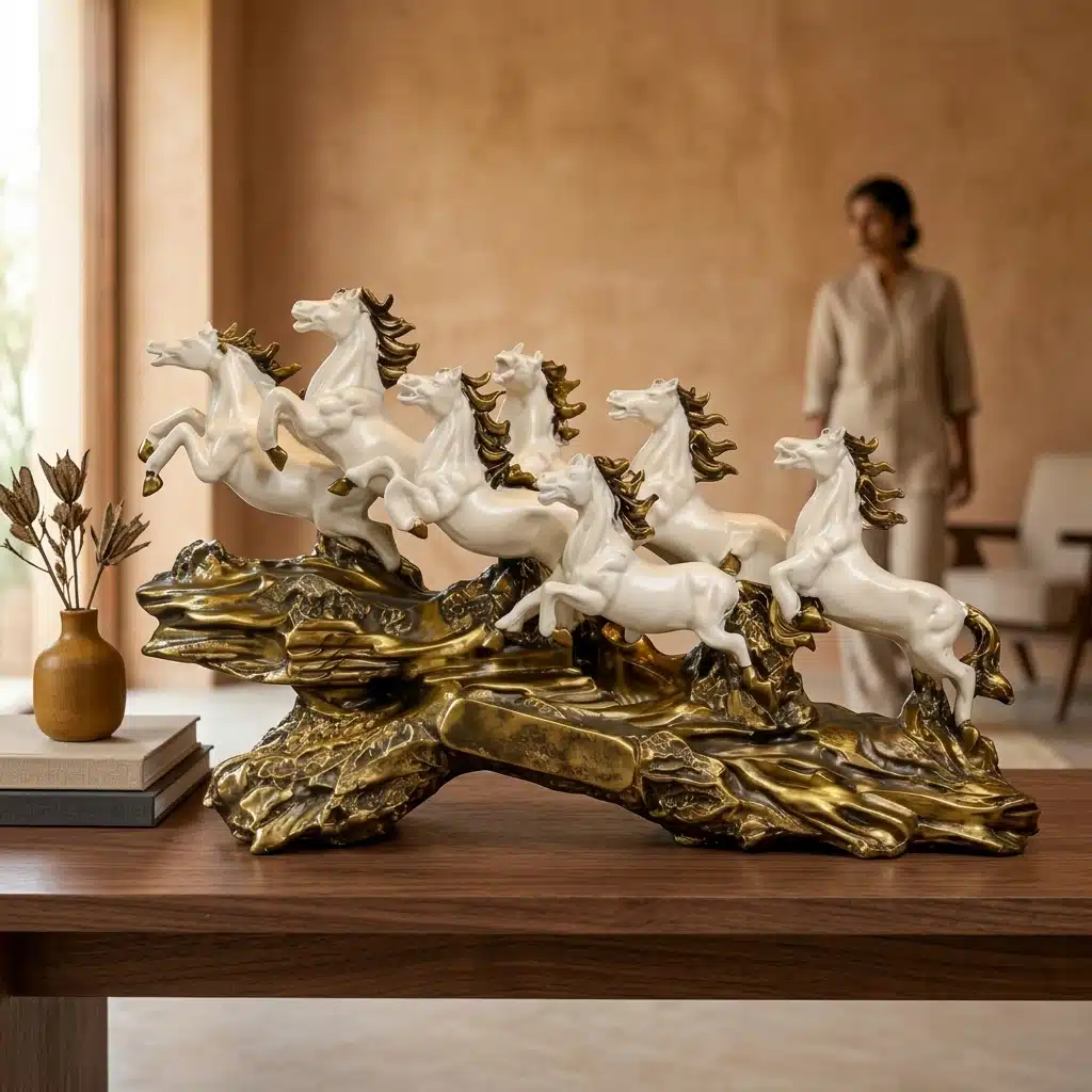 7 Horse Showpiece White - Vedas Royal Gallop Resin Sculpture - Image 2