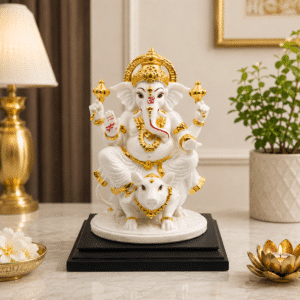 Ganesha Idol with Mooshak – White & Gold Resin Ganesh Statue
