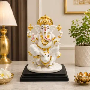 Ganesha Idol with Mooshak – White & Gold Resin Ganesh Statue