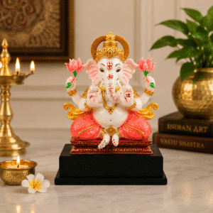 Pink Lotus Ganesha Idol – White & Gold Resin Ganesh Murti 11 In