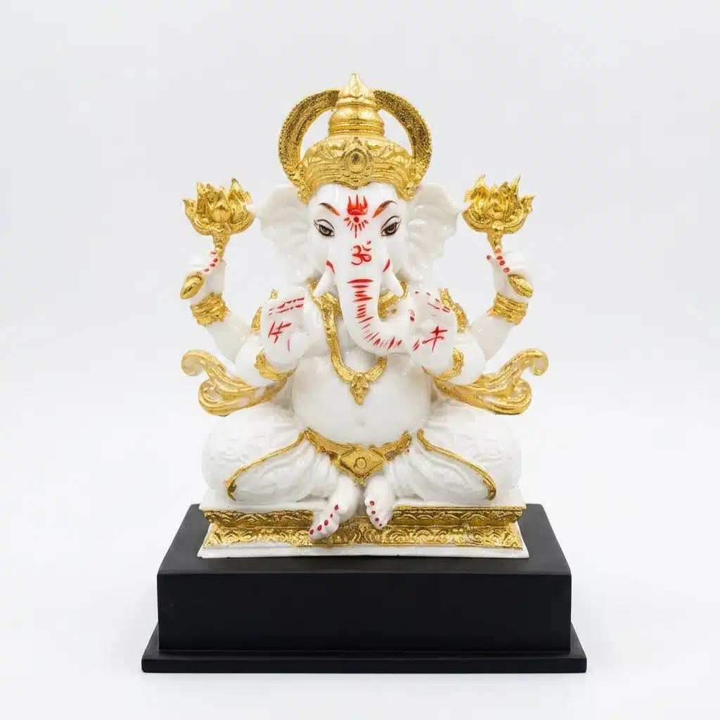 Lotus Ganesha Idol White & Gold – 11 Inch Resin Ganesh Statue - Image 5