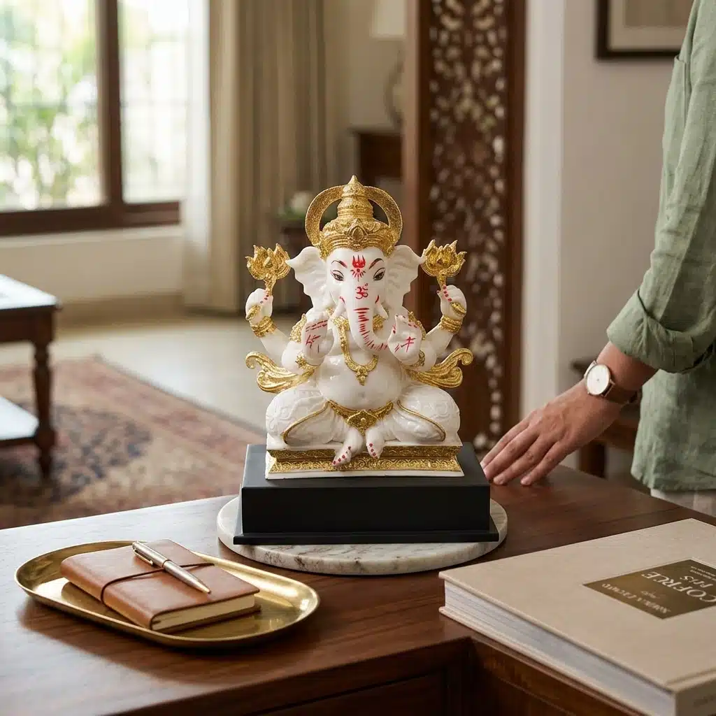 Lotus Ganesha Idol White & Gold – 11 Inch Resin Ganesh Statue - Image 4