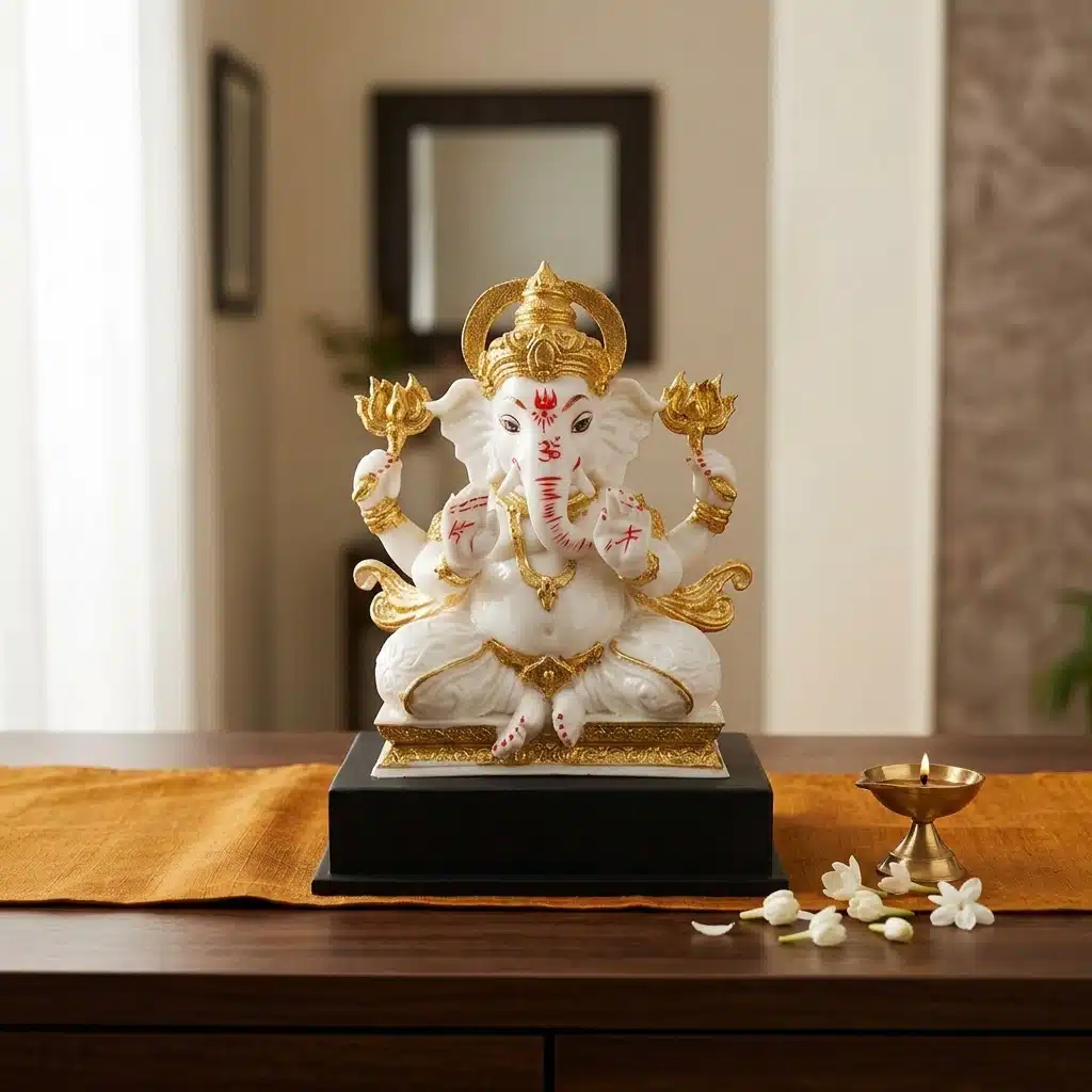 Lotus Ganesha Idol White & Gold – 11 Inch Resin Ganesh Statue - Image 2