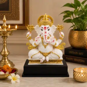 Lotus Ganesha Idol White & Gold – 11 Inch Resin Ganesh Statue