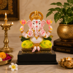 Vedas Lotus Grace Ganesha Idol (Multicolor) | Premium Lord Ganesha Murti with Lotus Flowers | Decorative Resin Ganesh Statue for Home Temple, Living Room & Office | Spiritual Showpiece & Gift