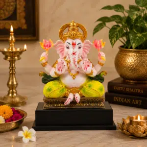 Vedas Lotus Grace Ganesha Idol (Multicolor) | Premium Lord Ganesha Murti with Lotus Flowers | Decorative Resin Ganesh Statue for Home Temple, Living Room & Office | Spiritual Showpiece & Gift