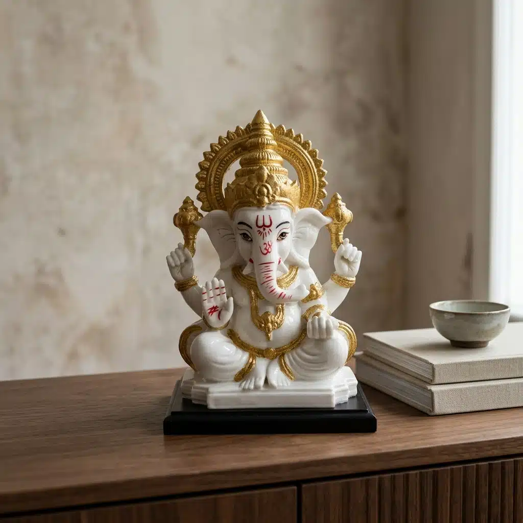 Ganesha Idol with Halo White & Gold – Resin Ganesh Statue - Image 4