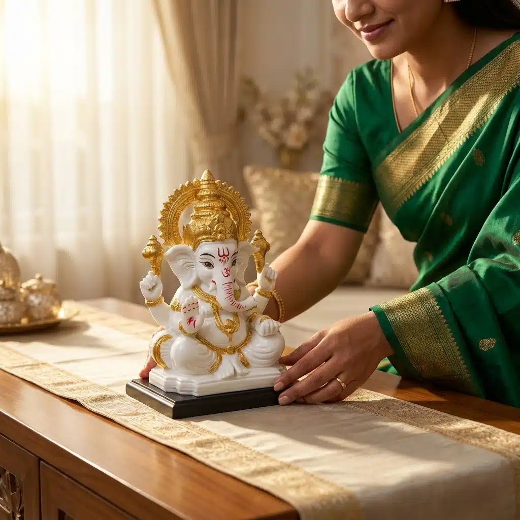 Ganesha Idol with Halo White & Gold – Resin Ganesh Statue - Image 3