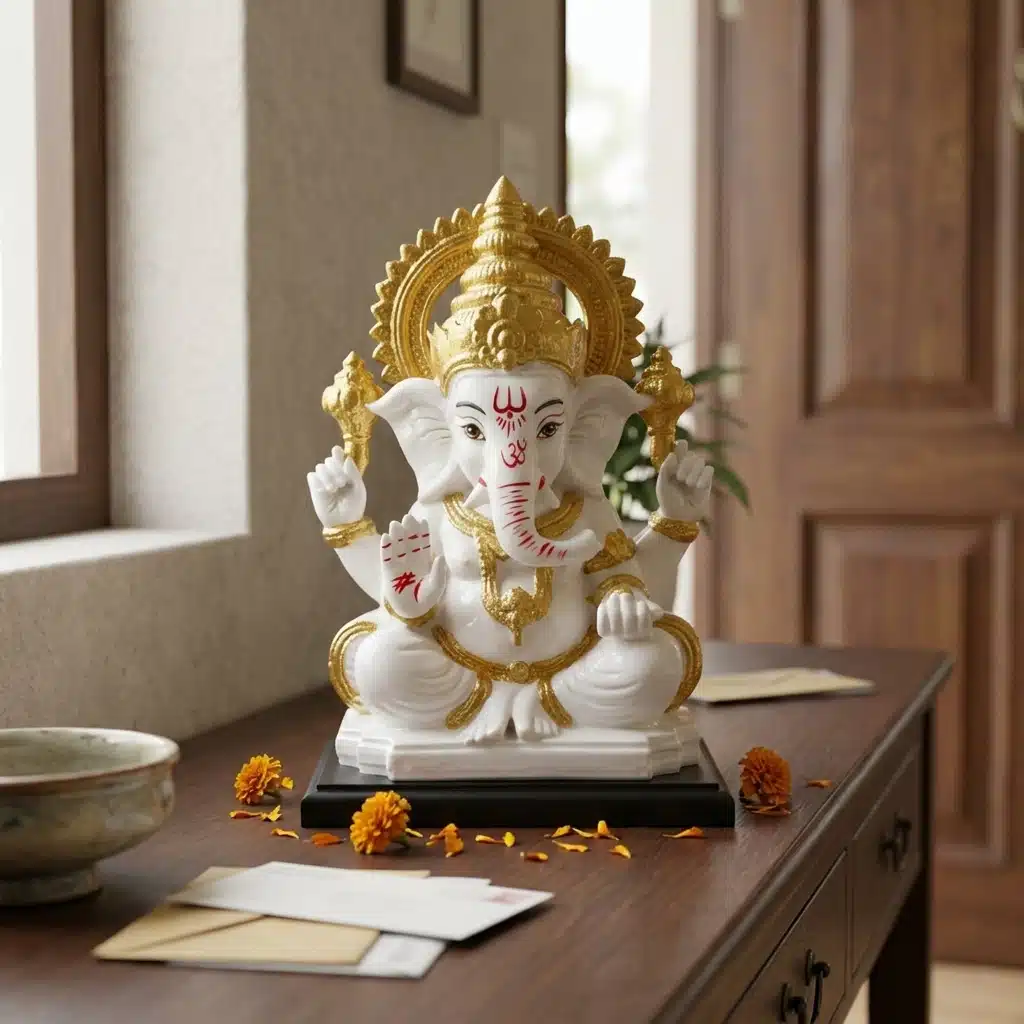 Ganesha Idol with Halo White & Gold – Resin Ganesh Statue - Image 2