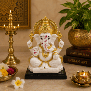 Ganesha Idol with Halo White & Gold – Resin Ganesh Statue
