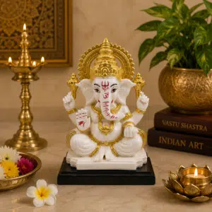 Ganesha Idol with Halo White & Gold – Resin Ganesh Statue