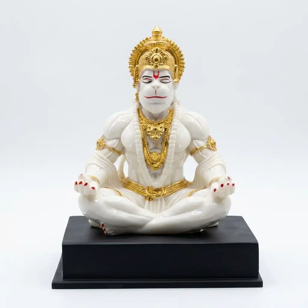 Hanuman Idol White & Gold – Meditating Resin Murti, 10 Inch - Image 5