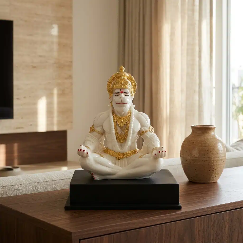 Hanuman Idol White & Gold – Meditating Resin Murti, 10 Inch - Image 4
