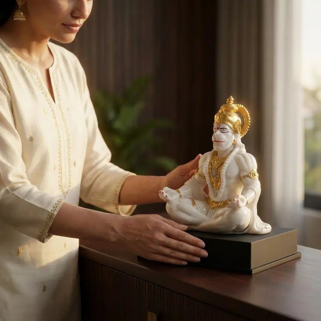 Hanuman Idol White & Gold – Meditating Resin Murti, 10 Inch - Image 3