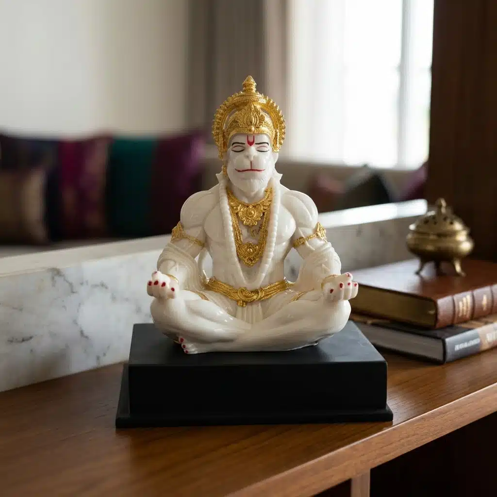 Hanuman Idol White & Gold – Meditating Resin Murti, 10 Inch - Image 2