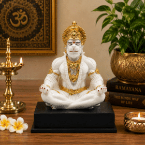 Hanuman Idol White & Gold – Meditating Resin Murti, 10 Inch