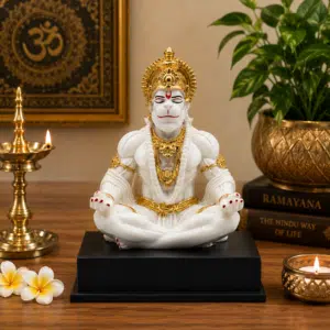 Hanuman Idol White & Gold – Meditating Resin Murti, 10 Inch
