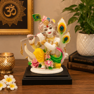 Krishna Idol with Peacock Feathers – Flute Playing Resin Murti