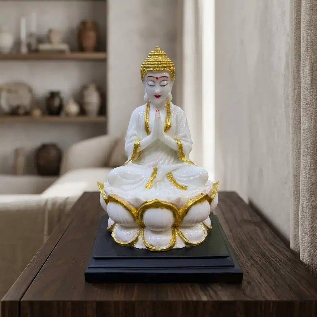 Namaste Buddha Idol – Meditating Resin Statue on Lotus, 10 Inch - Image 4