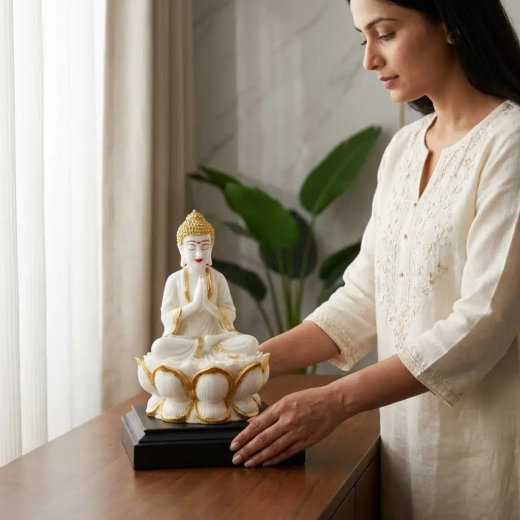 Namaste Buddha Idol – Meditating Resin Statue on Lotus, 10 Inch - Image 3